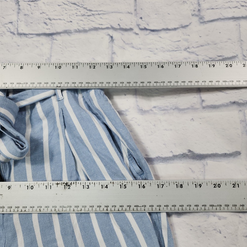 Loft WOMENS SIZE S Paperbag Taper Pants Blue White Stripe Linen Blend Belted - Picture 4 of 10